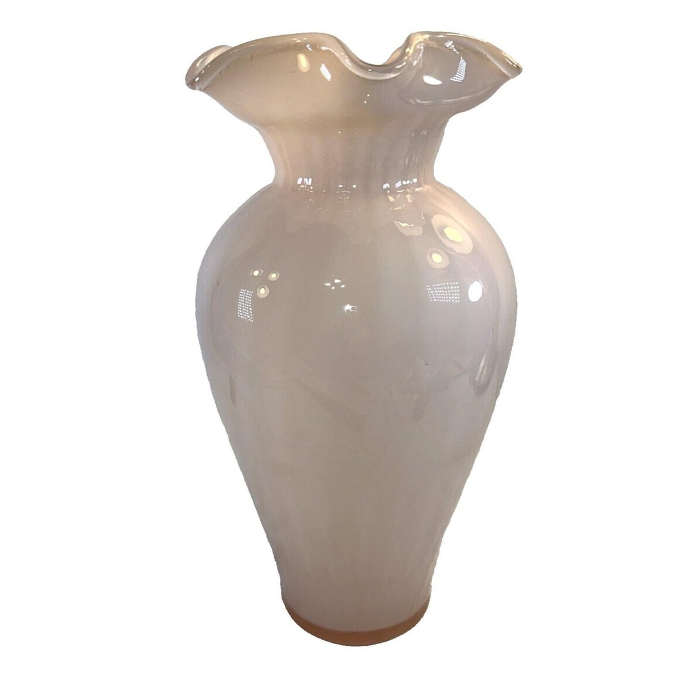 Vtg Murano Style Pink White Cased Art Glass Ruffle Top Vase Pontil Mark